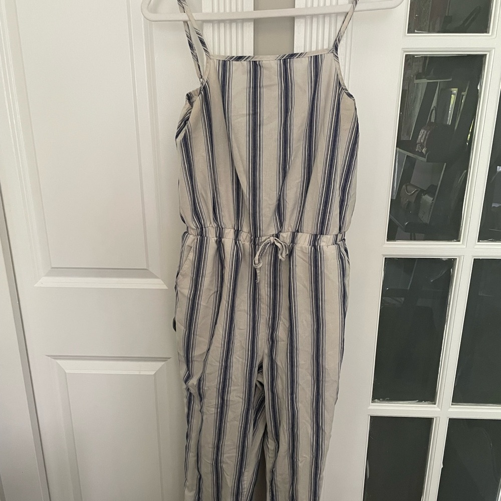Blue and white cute striped jumpsuit with POCKETS
